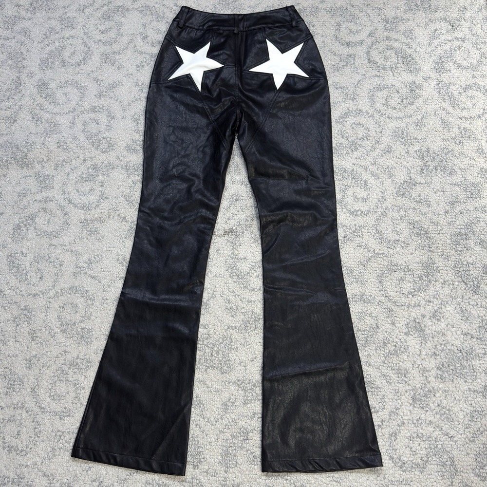 Nasty Gal Faux Leather Star Bum Flared Pants Size 0 Black Bellbottoms Rock New